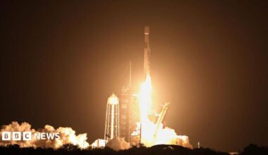File image of a a Space X Falcon 9 rocket launching from Cape Canaveral, Florida, on 15 January 2025. Flame from the rocket are visible at the base as it hurtles into the air