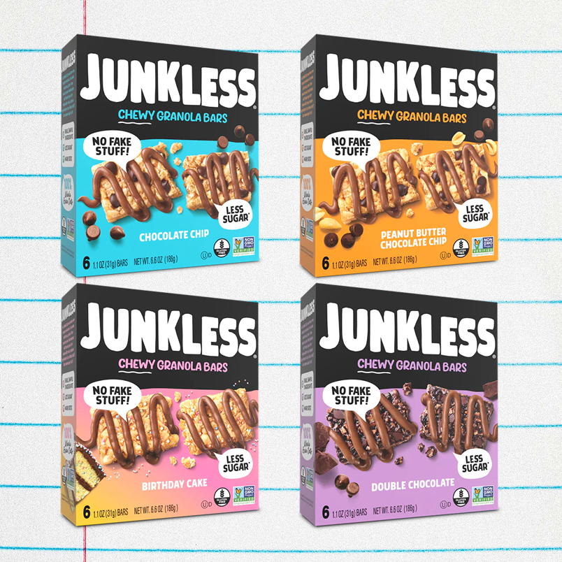 Four boxes of Junkless Chewy Granola Bars in various flavors: Chocolate Chip, Peanut Butter Chocolate Chip, Birthday Cake, Double Chocolate. Four boxes of Junkless Chewy Granola Bars in various flavors: Chocolate Chip, Peanut Butter Chocolate Chip, Birthday Cake, Double Chocolate.
