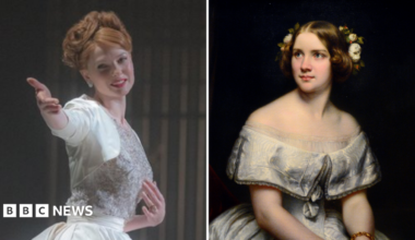 A composite image of two pictures side by side. On the left is a picture of Rebecca Ferguson singing on stage while playing the role of Jenny Lind. She is dressed in a white dress with a white bolero over the top and is reaching out her arm to her right. On the right is a portrait of Jenny Lind. She is looking off to her right and has a white dress on. She has brunette hair with flowers in it.
