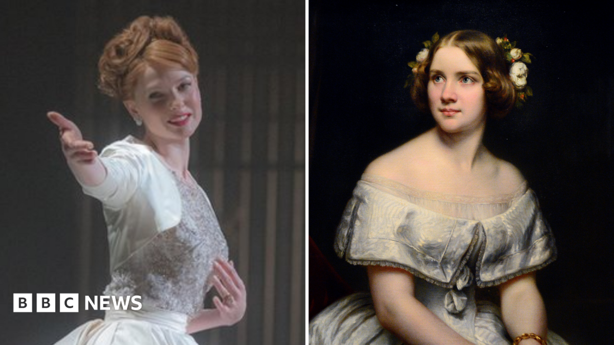 A composite image of two pictures side by side. On the left is a picture of Rebecca Ferguson singing on stage while playing the role of Jenny Lind. She is dressed in a white dress with a white bolero over the top and is reaching out her arm to her right. On the right is a portrait of Jenny Lind. She is looking off to her right and has a white dress on. She has brunette hair with flowers in it.