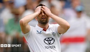 Mark Wood reacts during England's first Ashes Test in Perth