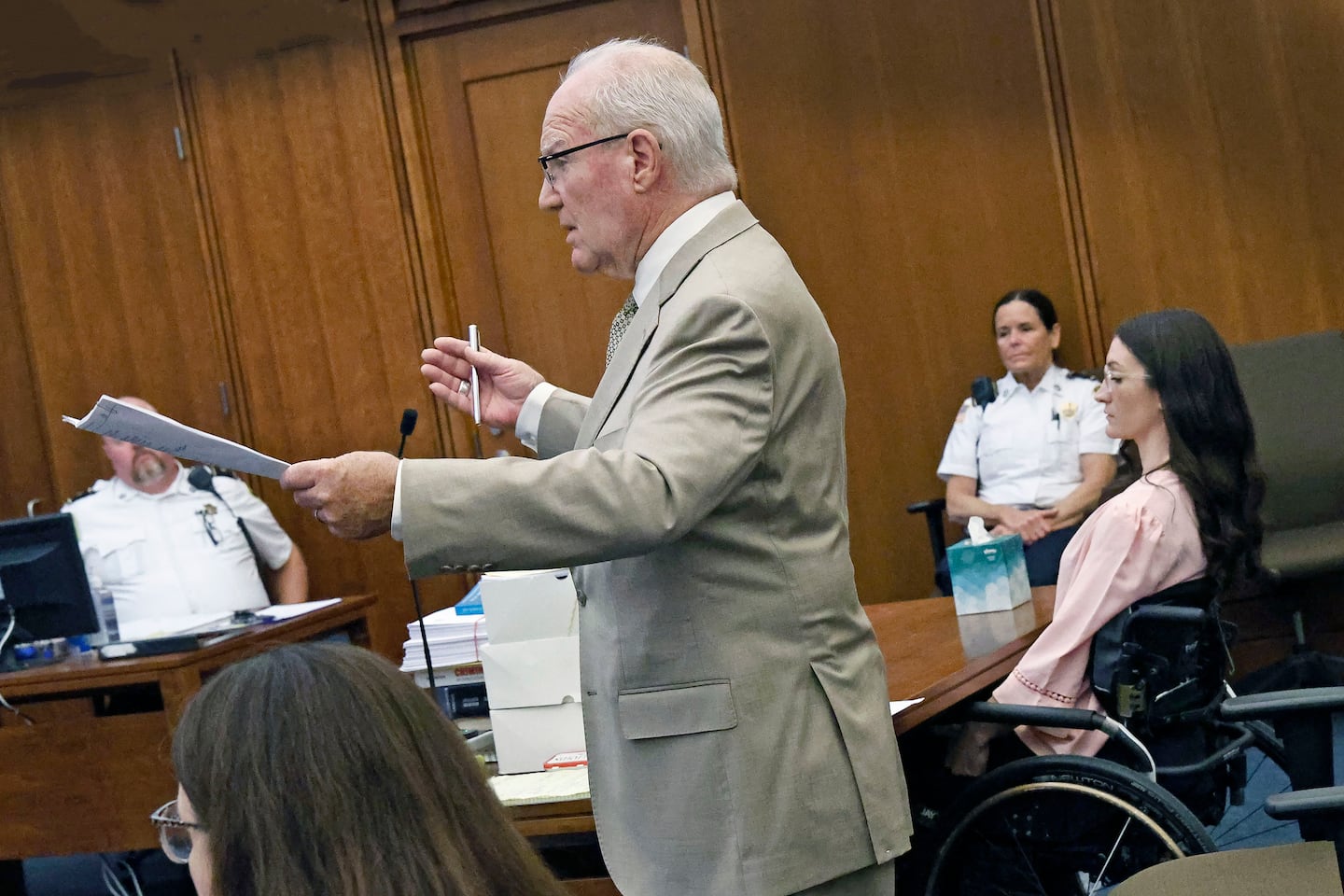 Defense attorney Kevin Reddington cross examines Dr. Jennifer Tufts who treated Lindsay Clancy.The Lindsay Clancy trial in Plymouth Superior Court, Clancy is charged with murdering her three young children in 2023. The defense is claiming she was suffering from post partum sycosis at the time and is not responsible. Monday, August 10, 2026