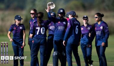 Scotland players celebrate a wicket against the Netherlands