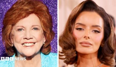 A composite image of Cilla Black in 2013 in front of a sparkly purple background, and Maura Higgins in January 2026
