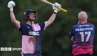 Luke Hollman of Middlesex celebrates victory over Durham during the Metro Bank One-Day Cup semi-final