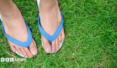A woman wearing a pair of blue flip flops (seen from ankle down) on grass