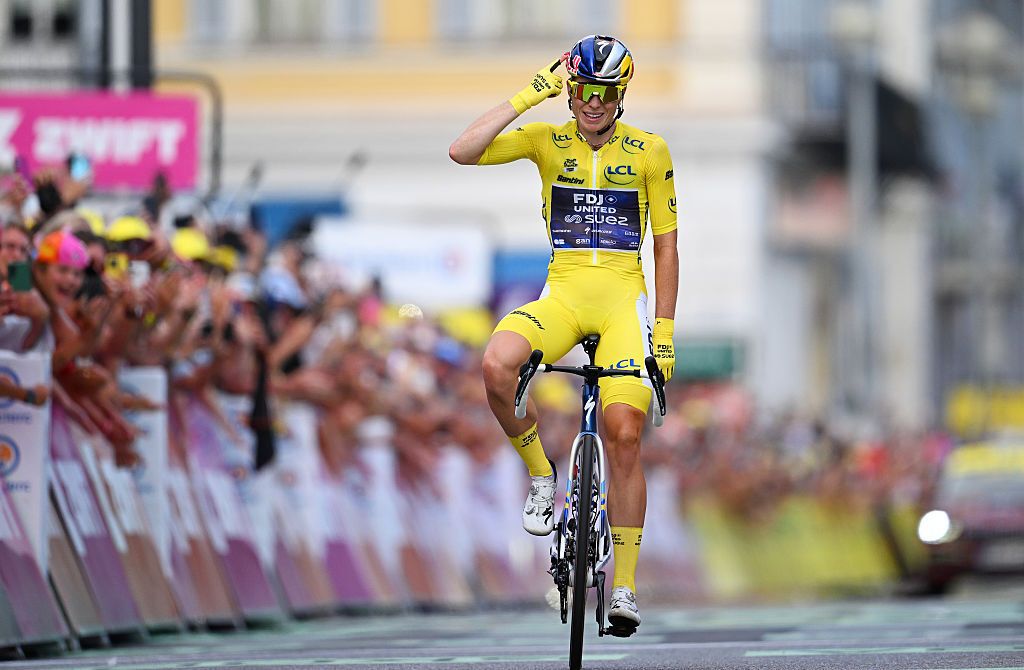 Demi Vollering of Netherlands and Team FDJ United - SUEZ - Yellow Leader Jersey celebrates at finish line as stage and final overall race winner during the 5th Tour de France Femmes 2026, Stage 9 a 99.2km stage from Nice to Nice / #UCIWWT / on August 09, 2026 in Nice, France. (Photo by Tim de Waele/Getty Images)