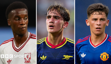 A split picture of Liverpool's Trey Nyoni, Arsenal's Max Dowman and Manchester United's Shea Lacey