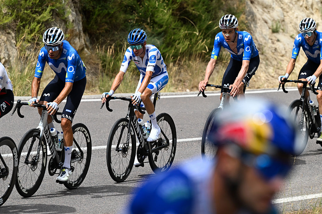 ARAMON VALDELINARES, SPAIN - AUGUST 29: Enric Mas of Spain and Movistar Team - Polka Dot Mountain Jersey (C) competes during the La Vuelta - 81st Tour of Spain 2026, Stage 7 a 149.48m stage from Vall d&amp;apos;Alba to Aramon Valdelinares 1965m / #UCIWT / on August 29, 2026 in Aramon Valdelinares, Spain. (Photo by Tim de Waele/Getty Images)