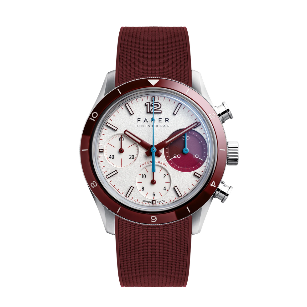 luxury chronograph watch with red and white face, burgundy strap luxury chronograph watch with red and white face, burgundy strap