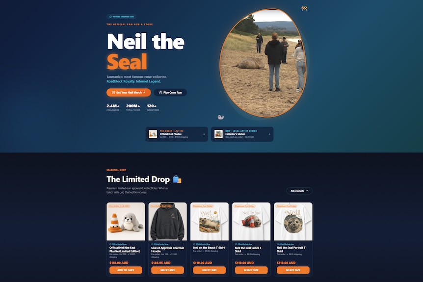 A screenshot of a website advertising "Neil the seal" merchandise.