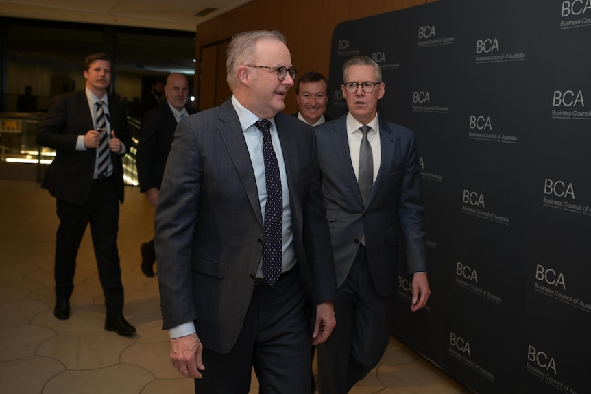 Albanese and four other men walk down a hallway, the BCA logo visible on material behind them.