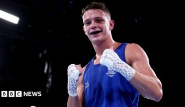 Sonny Kerr of Team Scotland poses for a photo after victory against Marion Ah Tong of Team Samoa in the Men's 70kg Quarter-Final match on day six of the Glasgow 2026 Commonwealth Games