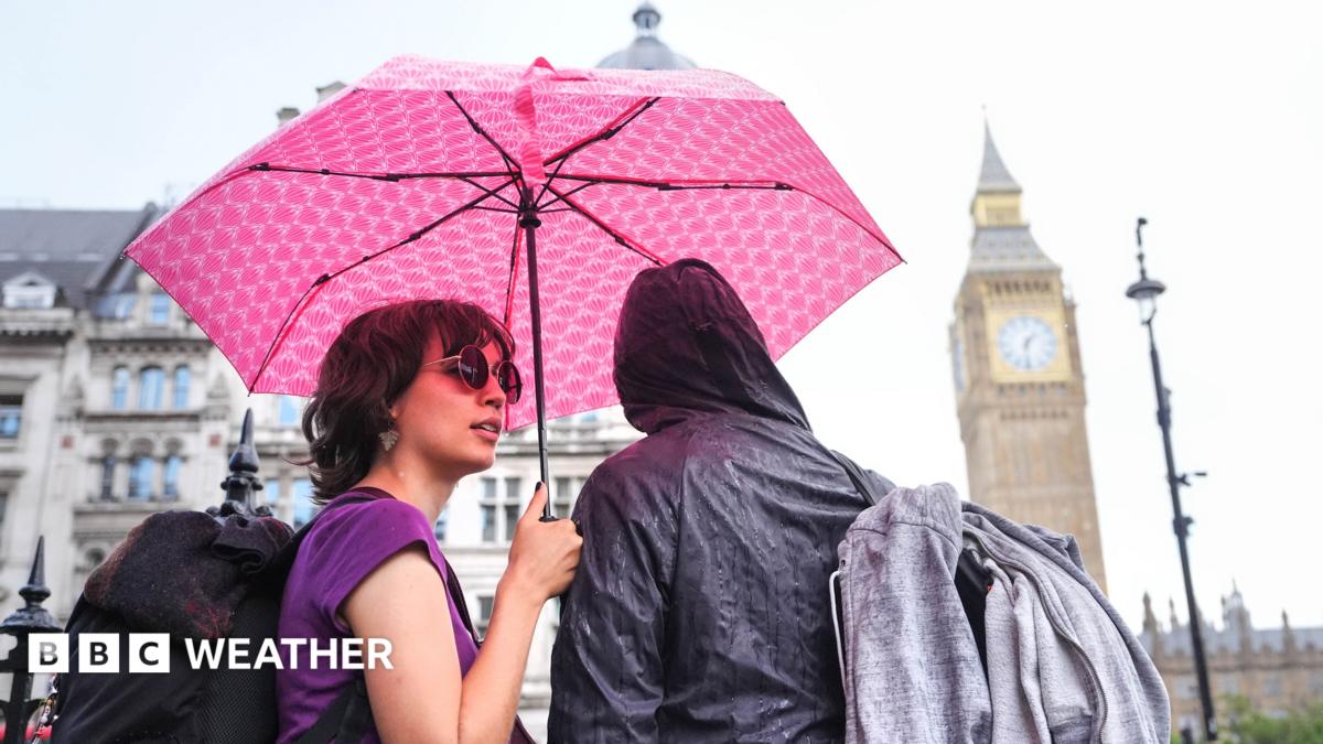 Two people stand under a pink umbrella sheltering from the rain with the Westminster skyline in the background