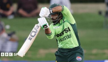 Pakistan's Tayyab Tahir hits the ball through the off side during a white-ball international