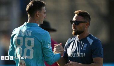 Harry Brook shakes hands with Brendon McCullum