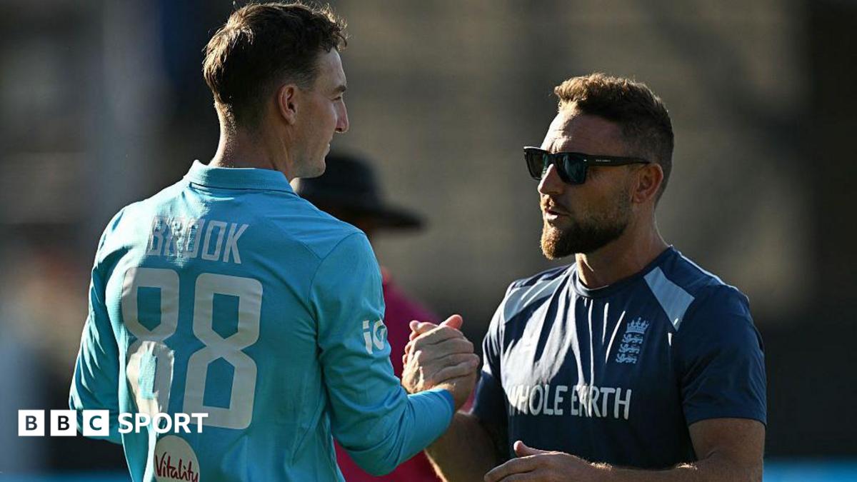 Harry Brook shakes hands with Brendon McCullum