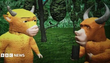 A screengrab from the movie shows a yellow cow standing against poorly illustrated trees and talking to a brown bull that is holding what appears to be a black block