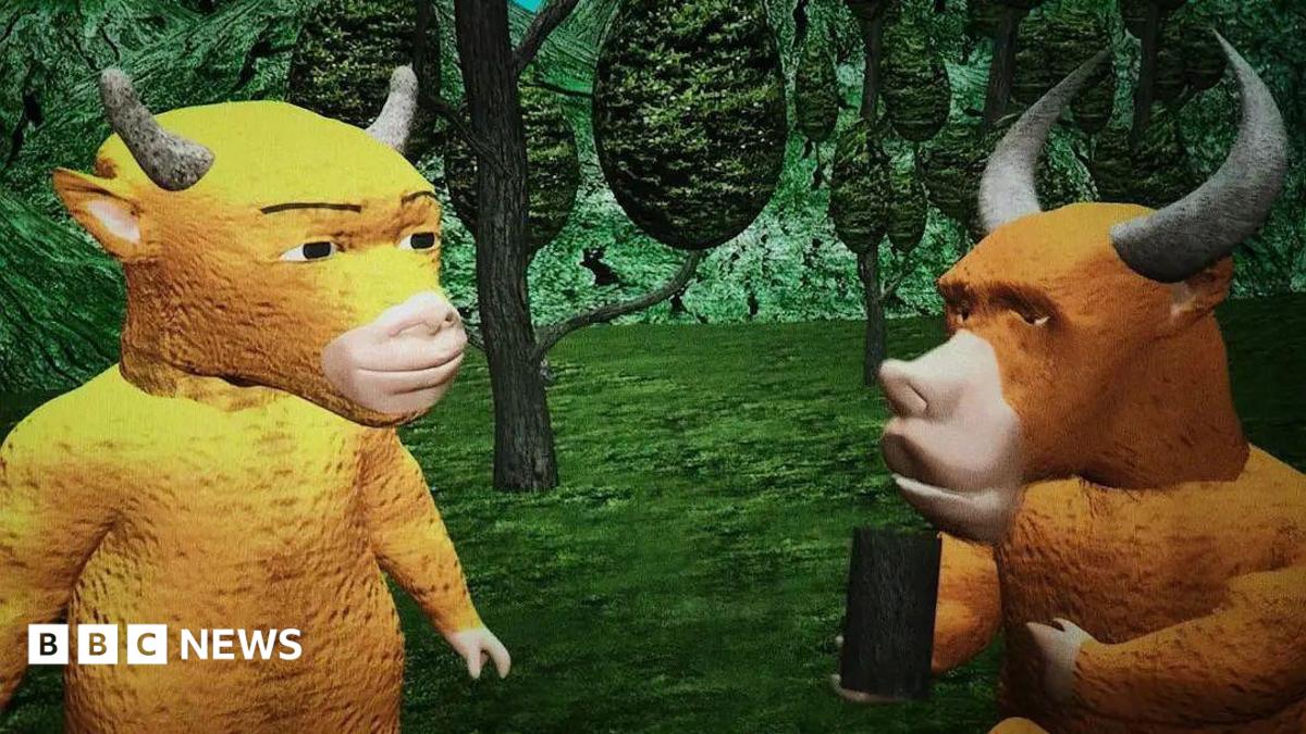 A screengrab from the movie shows a yellow cow standing against poorly illustrated trees and talking to a brown bull that is holding what appears to be a black block