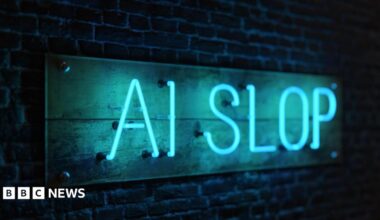 Thin blue neon letters fixed to a brick wall read: 'AI SLOP'.