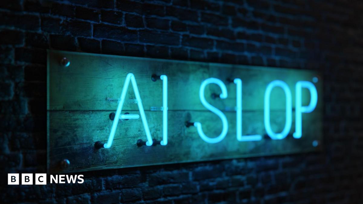 Thin blue neon letters fixed to a brick wall read: 'AI SLOP'.