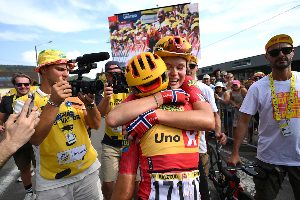 POLIGNY, FRANCE - AUGUST 03: (L-R) Katrine Aalerud of Norway and stage winner Sigrid Ytterhus Haugset of Norway and Team Uno-X Mobility react after the 5th Tour de France Femmes 2026 - Stage 3 a 156.5km stage from Geneva to Poligny / #UCIWWT / on August 03, 2026 in Poligny, France. (Photo by Alex Broadway/Getty Images)