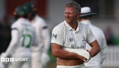 Glamorgan's Timm Van der Gugten gives a rueful sidewards glance as he walks back to his mark against Leicestershire at Grace Road