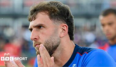Josh Rourke applauds the Wakefield Trinity fans at the match against Hull KR in June