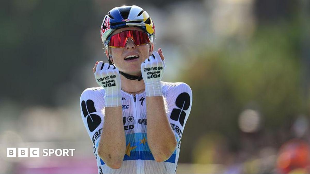 Demi Vollering celebrates as she wins stage eight of the 2026 Tour de France Femmes in Nice