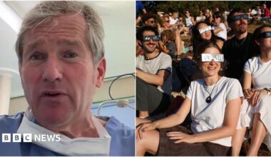 An eye surgeon wearing blue scrubs on one side and a group of people looking up at the sun wearing special glasses to view the solar eclipse on the other