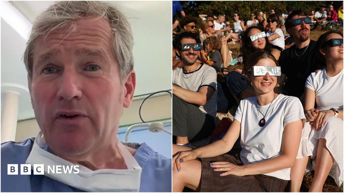 An eye surgeon wearing blue scrubs on one side and a group of people looking up at the sun wearing special glasses to view the solar eclipse on the other