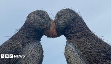 A side on shot of the two puffin sculptures with their heads together. The willow is frayed and coming off in many places and the paintwork is faded. A grey-ish sky is visible in the background.