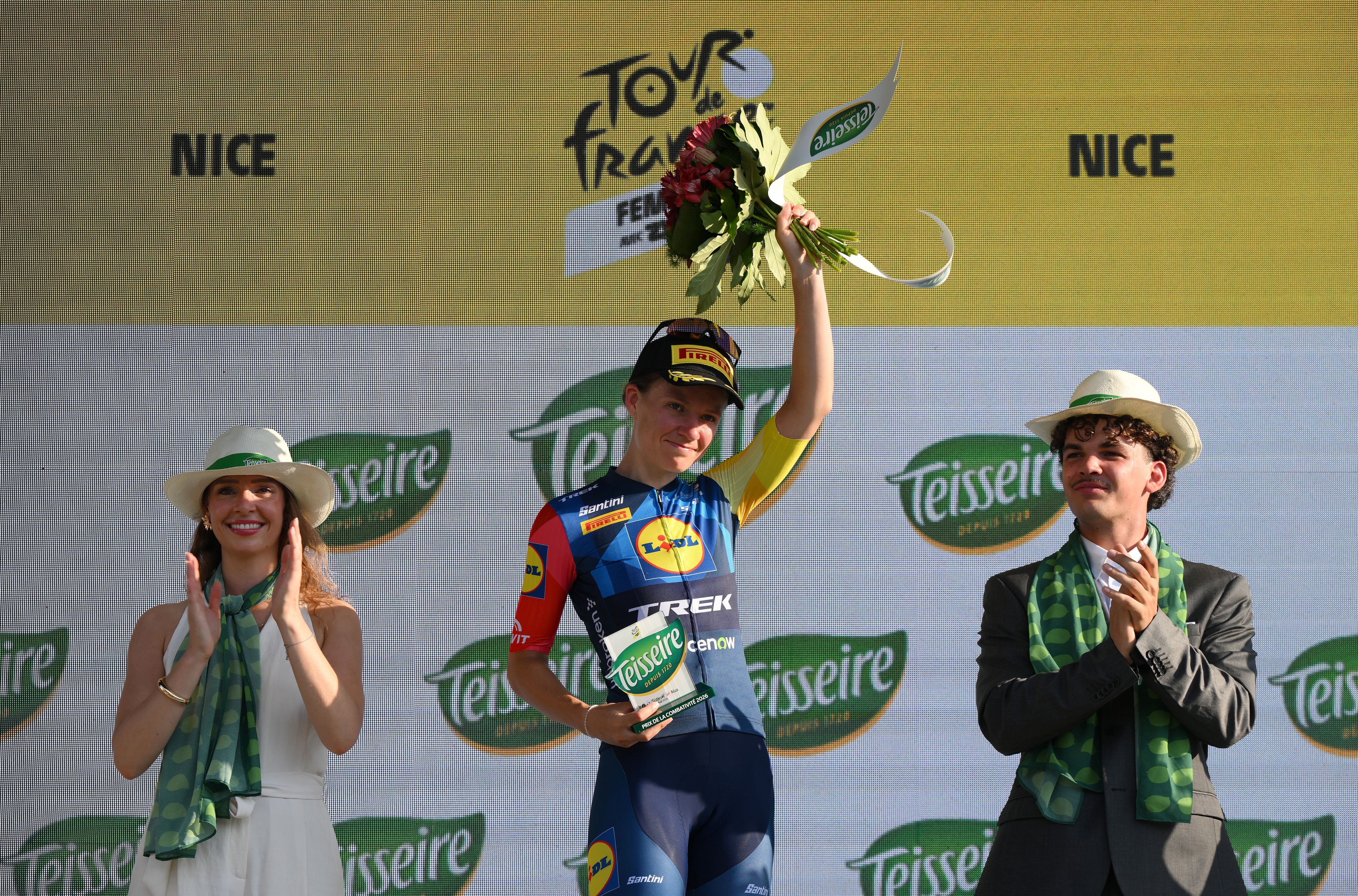 NICE, FRANCE - AUGUST 08: Loes Adegeest of Netherlands and Team Lidl - Trek celebrates at podium as most combative rider prize winner during the 5th Tour de France Femmes 2026, Stage 8 a 171.9km stage from Sisteron to Nice / #UCIWWT / on August 08, 2026 in Nice, France. (Photo by Alex Broadway/Getty Images)