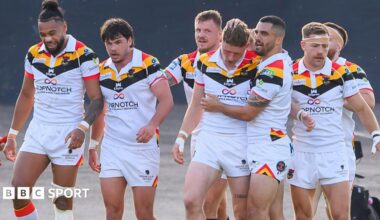 Bradford Bulls celebrate during a Super League fixture this season