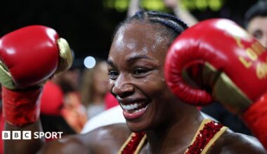 Claressa Shields reacts after defeating Kaye Scott