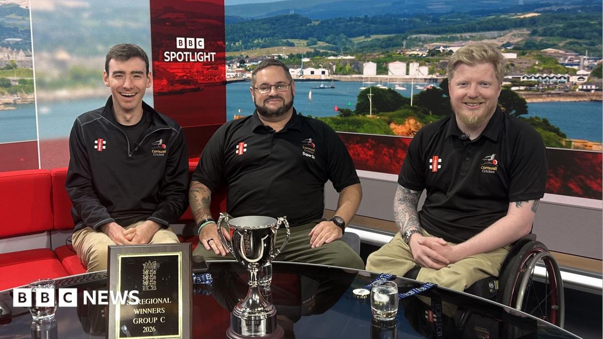 Ben Mailes, Dan Tonkin and Mark Stevens from the Cornwall Super 9s sat in the BBC Spotlight studio. They are all looking at the camera and are smiling.