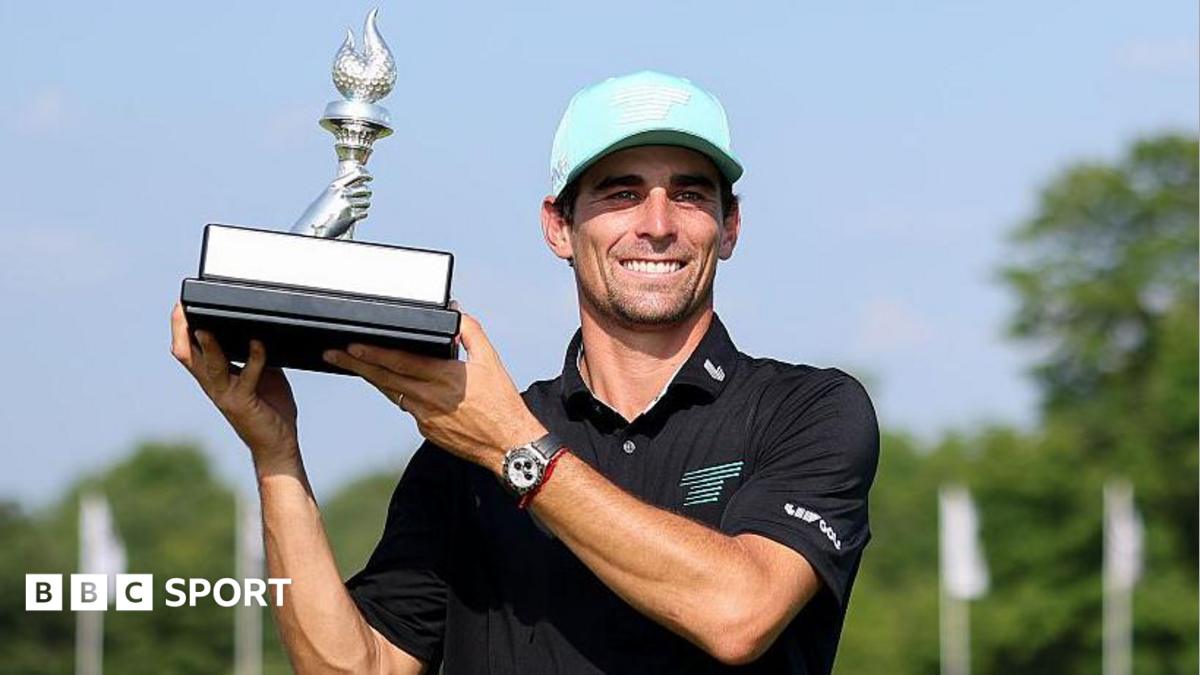 Joaquin Niemann holds aloft the trophy after winning the LIV Gold New York event in 2026