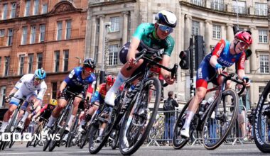 A number of cyclists wearing different coloured outfits, ride past during a race held on the streets of a city.