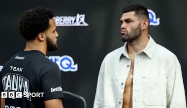 Moses Itauma and Filip Hrgovic look at each other at the news conference
