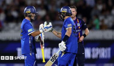 Ollie Pope and Tom Curran celebrate hitting the winning runs for MI London v London Spirit