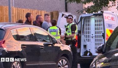 A man wearing a grey t-shirt being put into the back of a police van by three police officers