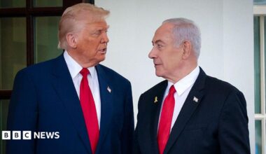 Donald Trump greets Israeli Prime Minister Benjamin Netanyahu as he arrives at the White House.