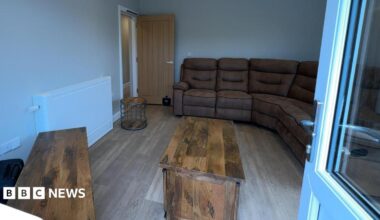 A living room with brown furniture and a wooden floor seen through the doorway from the garden