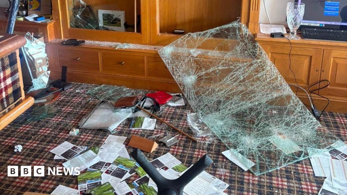 Significant damage to a wooden display cabinet following an apparent impact, with shattered glass panels, debris scattered across the floor, and contents displaced throughout the room.