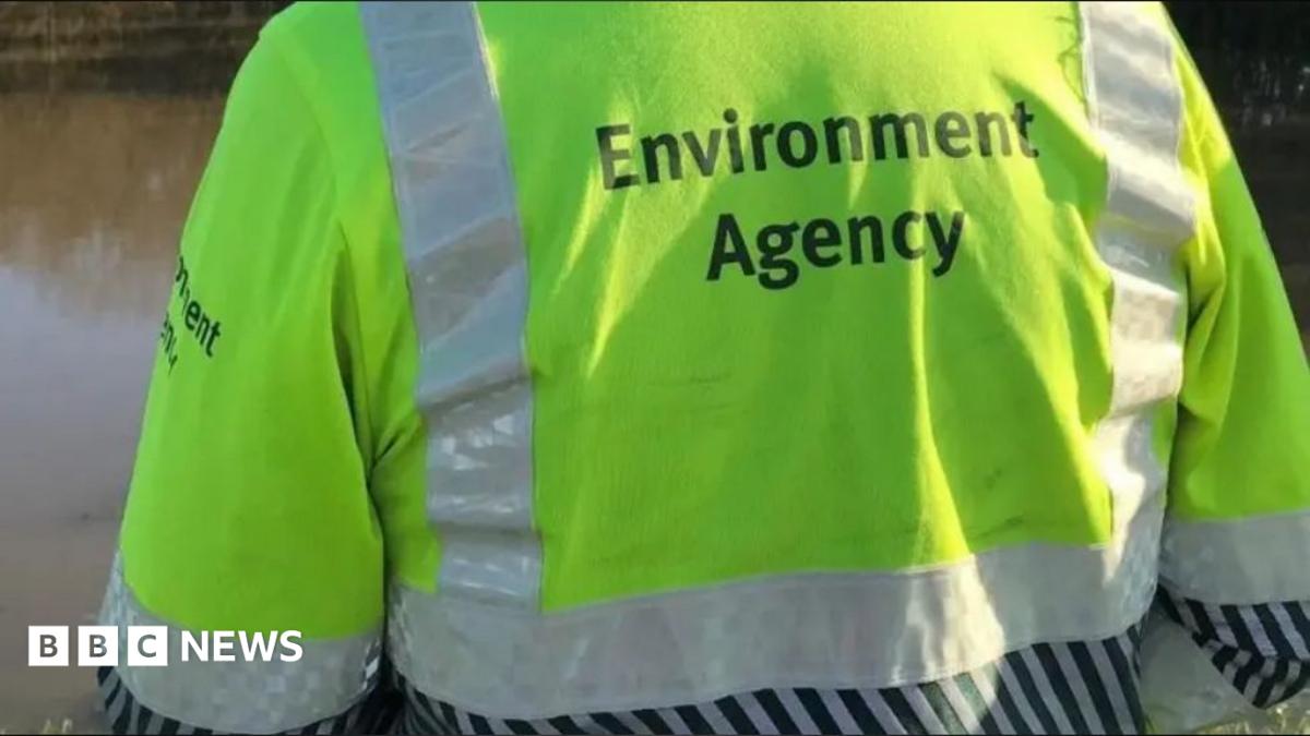 The back of an Environment Agency worker wearing a fluorescent yellow high-visibility jacket with reflective strips and the words “Environment Agency” printed on it.