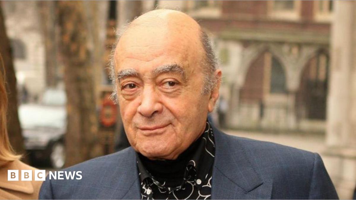 Harrods owner Mohamed Al Fayed wearing a suit and black shirt