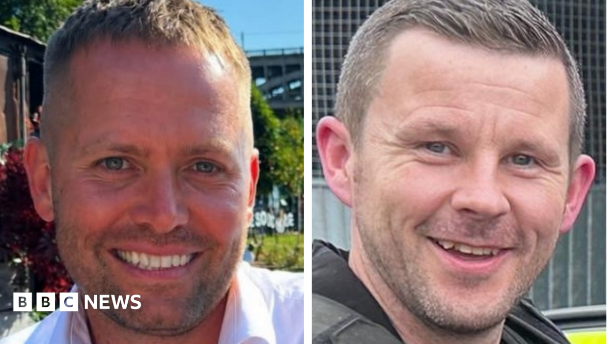 Pictures of the two officers. Both are smiling. PC Blades, left, has stubble and short fair hair. PC Clough also has stubble and short dark hair.