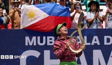 Alexandra Eala holds the trophy after beating Jessica Pegula to win the Mubadala DC Open in 2026