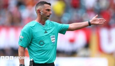 Referee Michael Oliver gestures during the Premier League match between Everton and Manchester City