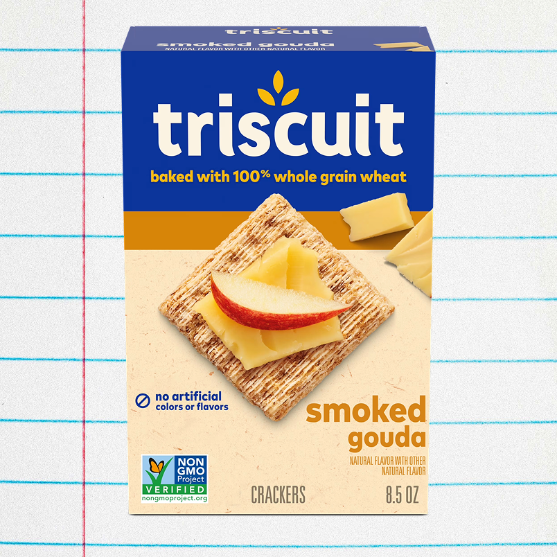 Triscuit box featuring smoked gouda crackers topped with apple slices, labeled as non-GMO and no artificial ingredients. Triscuit box featuring smoked gouda crackers topped with apple slices, labeled as non-GMO and no artificial ingredients.